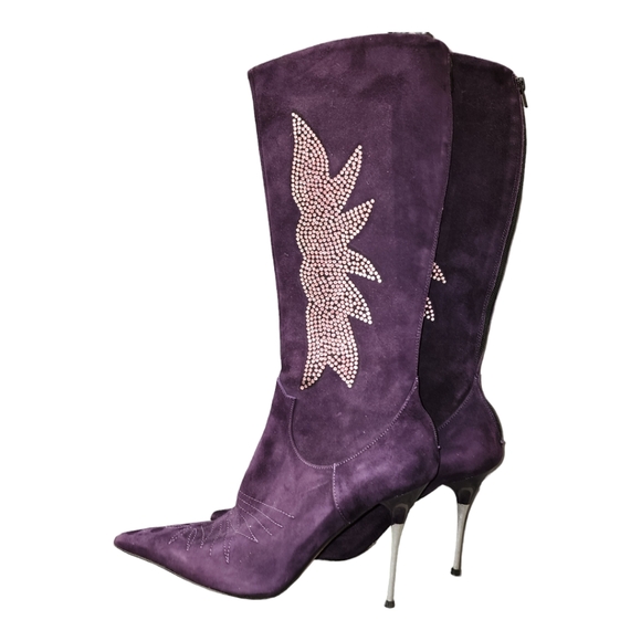 Charles David Vintage Swarovski Purple Suede Knee High Stiletto Boots Sz 38 - Picture 2 of 8